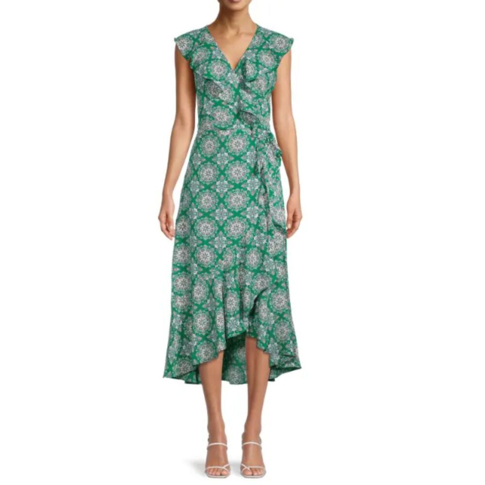 MAX STUDIO Green Floral Ruffle Sleeveless High Low Wrap Dress Size L Large